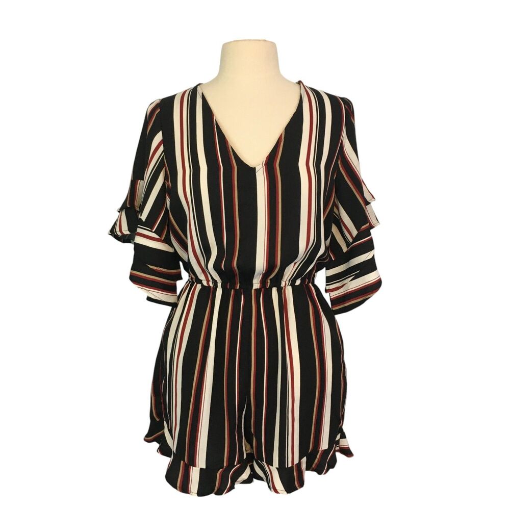 Umgee Womens Black White Brown Striped Romper, Jumper, V-Neck S, 36 bust, Ruffle
